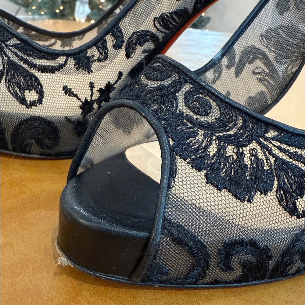 Christian Louboutin Black Lace Peep-Toe Heels - Picture 4 of 11